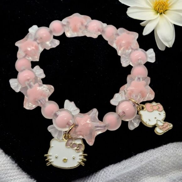 Hello Kitty Pink Resin Beaded Charm Bracelet Pendant Cat Stretchy Band Jewelry - Picture 3 of 4